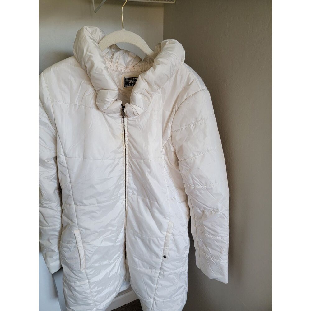 Converse One Star White Long Puffer Coat Womens XL Hooded Zip Winter Jacket